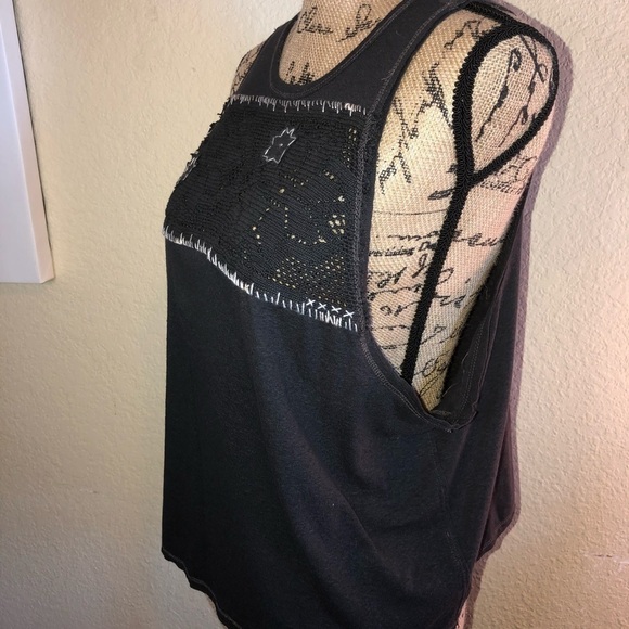 Free People We the Free Distressed Navy Tank Top with Stars & Raw Edge Sz Large - Picture 5 of 8